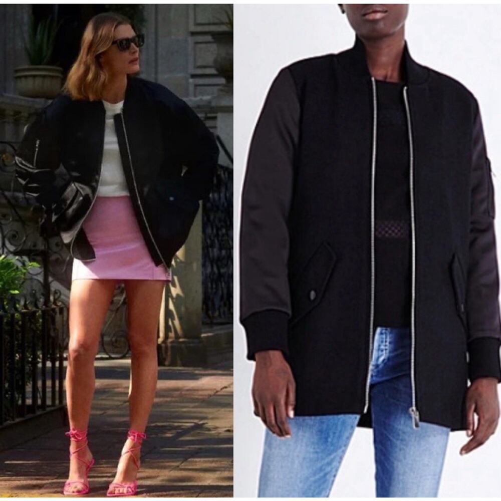 Maje Gandi Bomber Jacket Full Zip Oversized Long Wool Black Coat Size 36